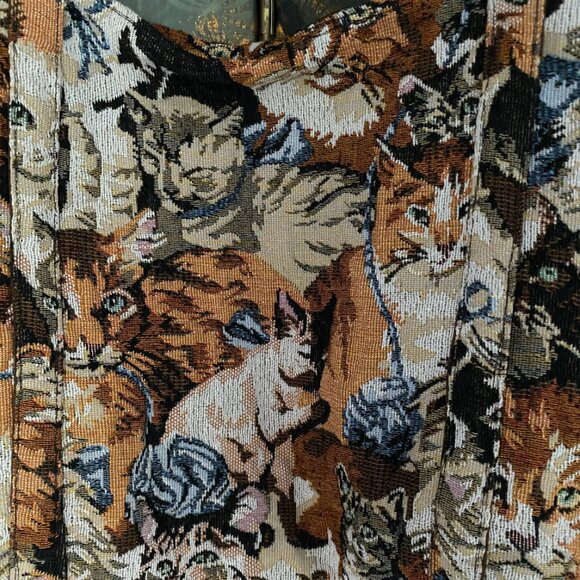 Vintage 90s Cat Tapestry Tote Bag Handbag Zipper pockets & Closure - Picture 3 of 6